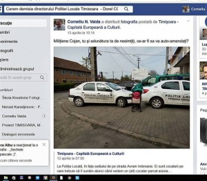 Timişorean chemat la Poliţie după ce a distribuit pe FB poze cu maşini ale Poliţiei parcate greşit