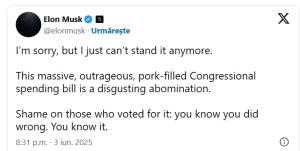 Elon Musk îl atacă pe Donald Trump la cateva zile după ce a părăsit Casa Albă: „Bugetul este o abominație respingătoare, clientelar și scandalos