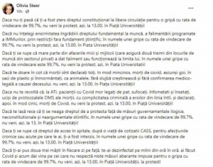 Olivia Steer nou mesaj cu afirmaţii şocante: Guvernul mituieste presa cu 200 de milioane de euro pentru panica unei gripe cu 99,7% rata de vindecare