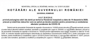 Starea de alertă pe teritoriul României a fost prelungită începând de pe 14 decembrie 2020