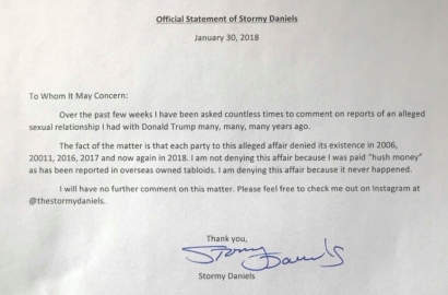 Stormy Daniels a trimis o scrisoare in care afirmă că nu a avut relații cu Donald Trump si nu i-a fost cumpărată tăcerea!