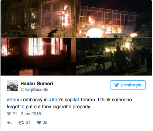 Ambasada Arabiei Saudite a fost atacatăin Iran, la Teheran