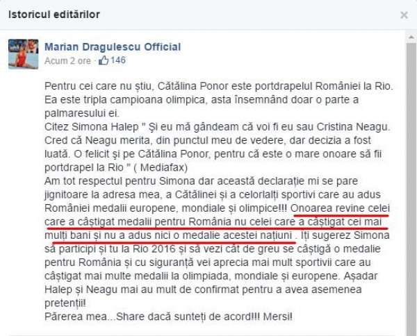 Atac virulent al lui Marian Dragulescu la adresa Simonei Halep