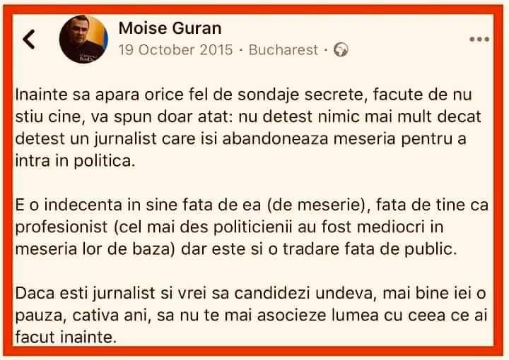 Ce spunea Moise Guran în 2015 despre jurnaliștii care intră în politică: 