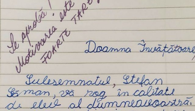 Cererea trimisă de un elev învățătoarei sale ca sa nu mai dea teme. 