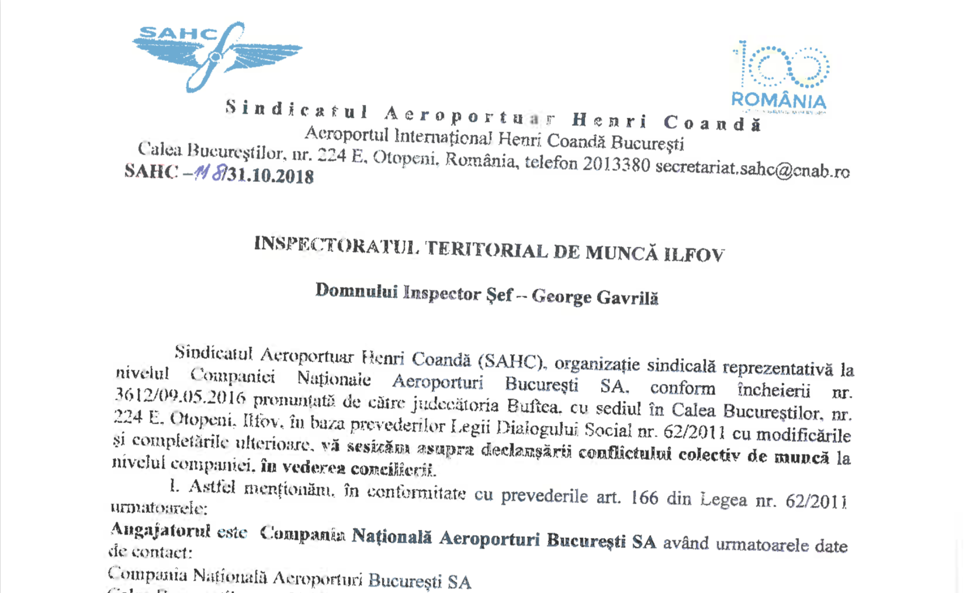 Conflict de munca la SC Aeroporturi Bucuresti SA pentru ca nu a fost aprobat noul Contract Colectiv