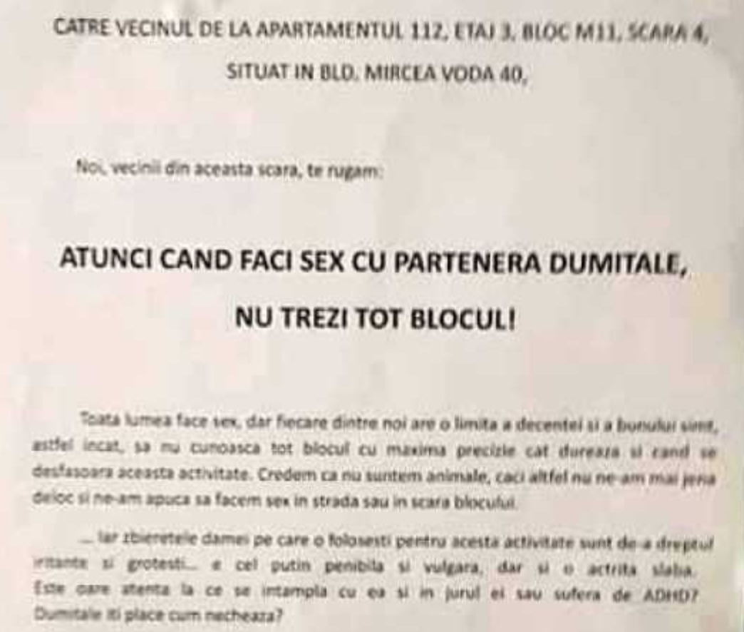Cuplu acuzat de vecini că făcea sex prea gălăgios. Afişul viral: