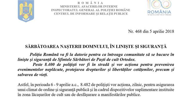 Gafă la MAI: Poliţia Română a anunţat ce măsuri vor fi luate de Crăciun, în loc de Paşte