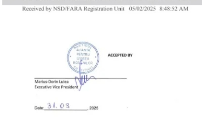 Minciuna e de AUR: Departamentul Justiție al SUA a publicat dovada acceptării contractului de lobby de 1,5 milioane de euro sub semnătura vicepreședintelui Marius Lulea