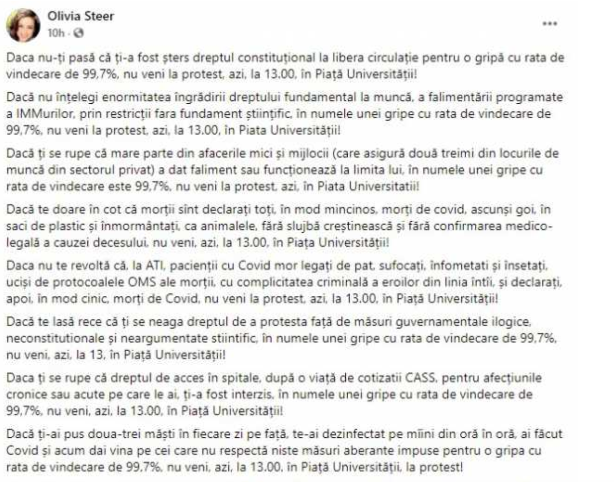 Olivia Steer nou mesaj cu afirmaţii şocante: Guvernul mituieste presa cu 200 de milioane de euro pentru panica unei gripe cu 99,7% rata de vindecare