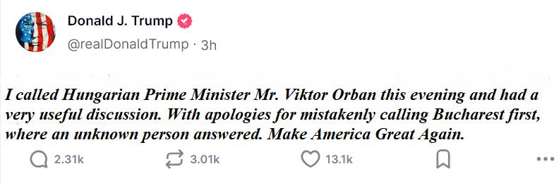 Presedintele Donald Trump l-a sunat din greseala pe Nicusor Dan. Voia sa vorbeasca cu Victor orban si a confundat Budapest cu Bucharest