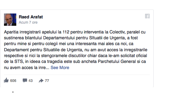 Reactia lui Arafat după apariția înregistrării apelului la 112 din 31 octombrie de la Colectiv