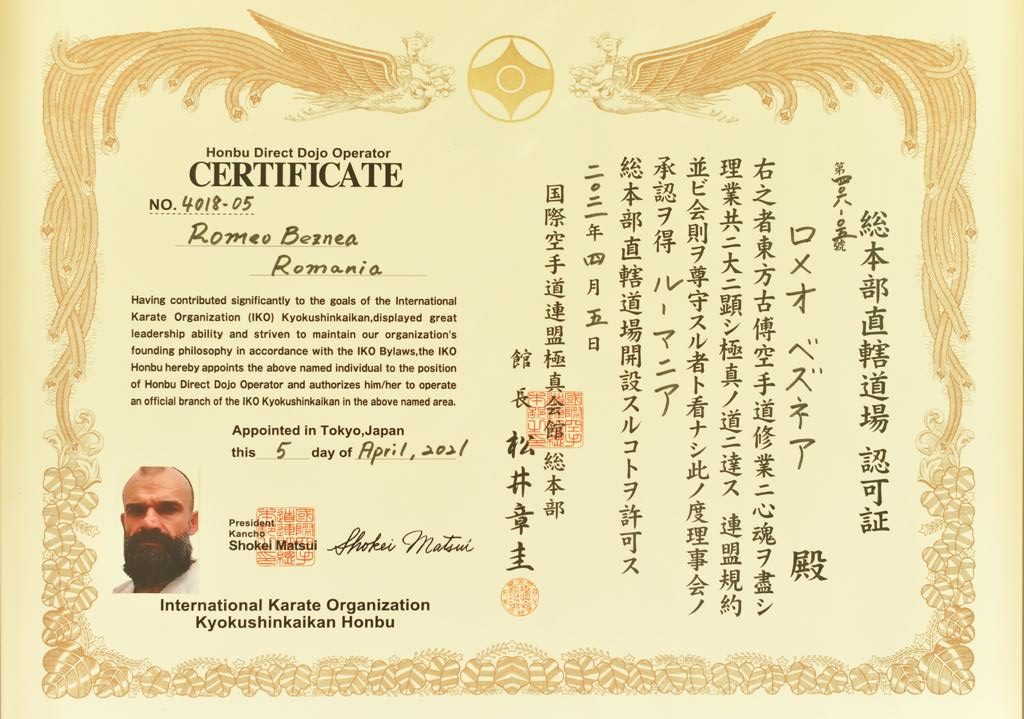 Romeo Beznea a fost numit Honbu Direct Dojo Operator de către Organizația Internațională de Karate kyokushinkaikan