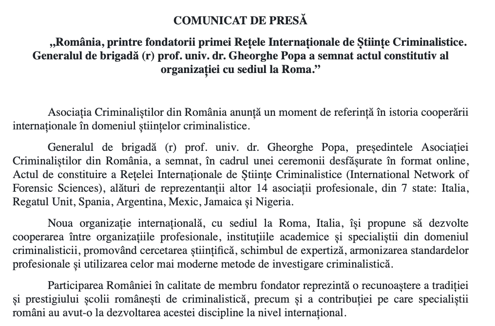 S-a constituit Rețeaua Internațională de Științe Criminalistice iar România e membru ondator