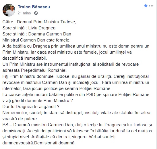 Traian Băsescu o apara furibund pe Carmen Dan in razboiul cu Mihai Tudose