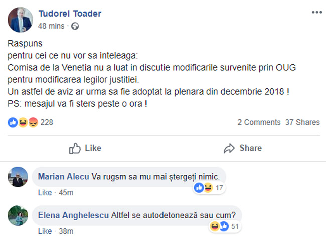 Tudorel Toader pe Facebook: