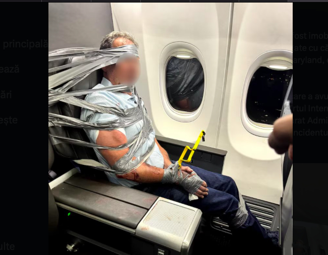 Un pasager care făcea scandal a fost legat cu bandă adezivă de scaunul avionului până la aterizare
