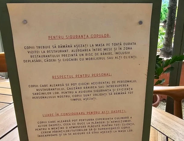 Un restaurant din Capitală le cere clienților să-și țină copiii „tot timpul așezați la masă